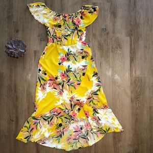 Floral ruffle hem off the shoulder dress